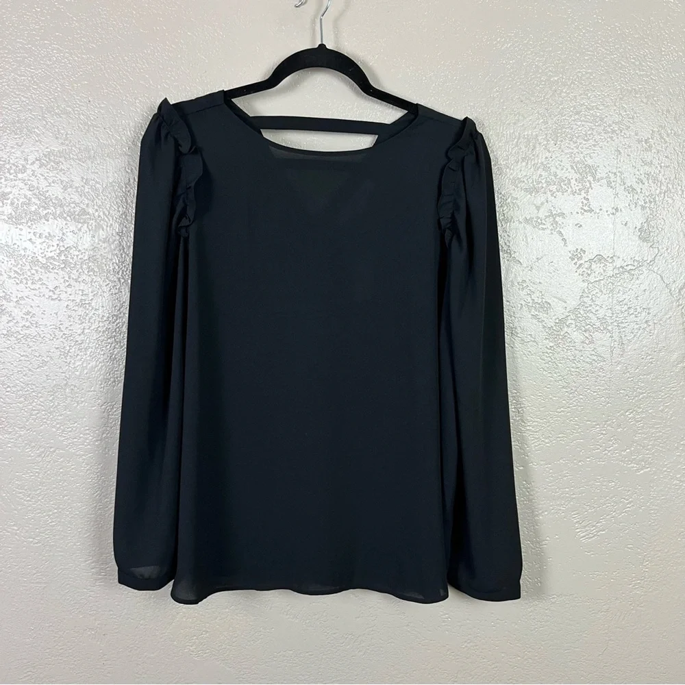 Loft Black Ruffle Puff Long‎ Sleeve Blouse Size Large Petite